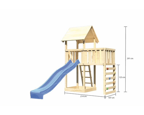 Tour de jeux en bois avec toboggan, échelle et mur d''escalade avec indications de taille