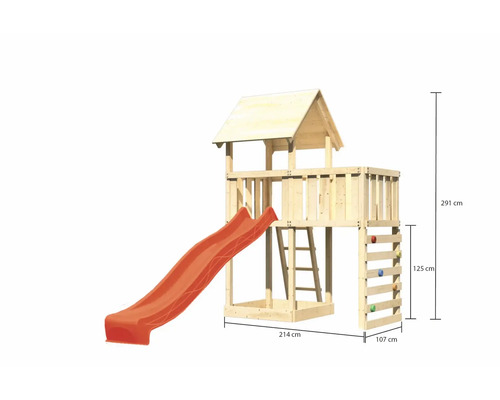Tour de jeux en bois avec toboggan et mur d''escalade