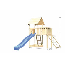 Spielturm aus Holz mit Rutsche, Leiter und Kletternetz sowie Maßangaben