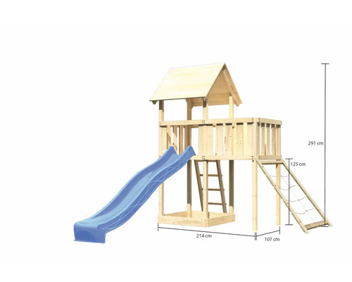 Tour de jeu en bois avec toboggan, échelle et filet d''escalade ainsi que les dimensions