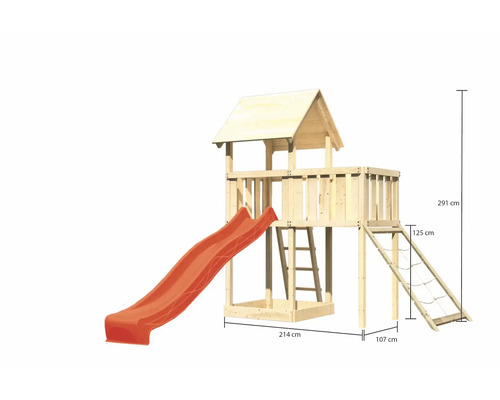 Tour de jeu en bois avec toboggan, échelle et filet d''escalade, dimensions indiquées