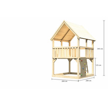 Spielturm aus Holz mit Kletterwand und den Maßen 345 cm Höhe, 200 cm Breite und 200 cm Tiefe
