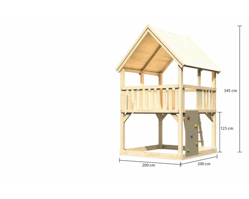 Tour de jeux en bois avec mur d''escalade et dimensions de 345 cm de hauteur, 200 cm de largeur et 200 cm de profondeur