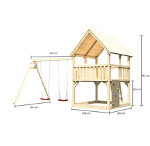 Holzspielturm mit Schaukel und Kletterwand mit Maßangaben
