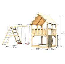 Holzspielhaus mit Schaukel, Kletterwand und Leiter inklusive Maßangaben