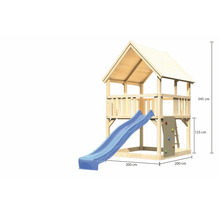 Spielturm aus Holz mit Rutsche und Kletterwand sowie Maßangaben