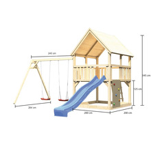 Holzspielturm mit Schaukel, Rutsche und Kletterwand mit den Maßen 345 cm Höhe, 264 cm Länge und 240 cm Breite