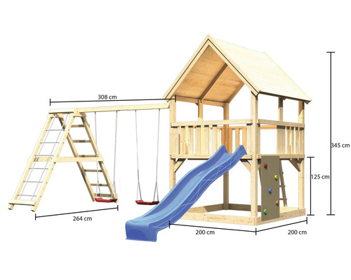 Spielturm aus Holz mit Schaukel, Rutsche, Kletterwand und Leiter