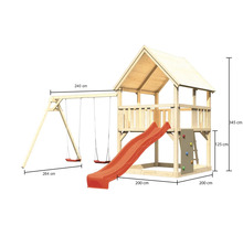 Holzspielplatz mit Schaukel, Rutsche und Kletterwand mit Größenangaben