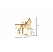 Tour de jeu en bois avec échelle et filet d''escalade, dimensions indiquées