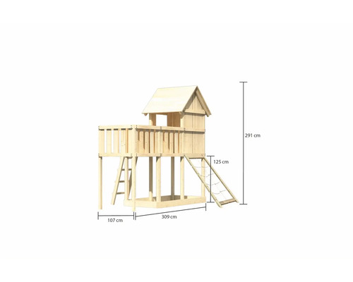 Tour de jeu en bois avec échelle et filet d''escalade, dimensions indiquées