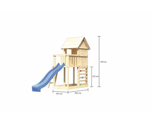 Tour de jeu avec toboggan en bois et mur d''escalade avec dimensions