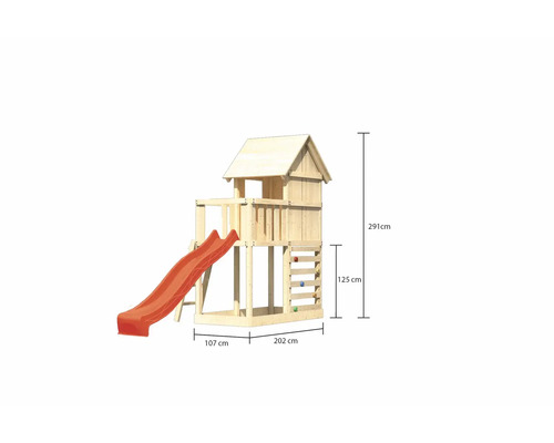 Tour de jeu avec toboggan et mur d''escalade, dimensions: 291 cm de hauteur, 107 cm de longueur de toboggan, 202 cm de largeur