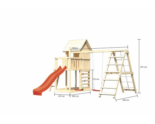 Aire de jeux en bois avec toboggan, balançoire et échelle d''escalade, dimensions incluses