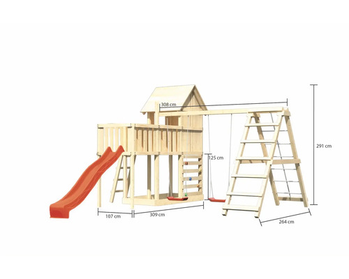 Tour de jeu en bois avec toboggan, balançoire et échelle d''escalade avec indications de taille.
