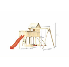 Tour de jeu en bois avec toboggan et balançoire, dimensions incluses
