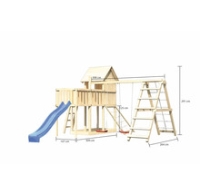 Tour de jeu en bois avec toboggan, balançoires et structure d''escalade, ainsi que des indications de dimensions.