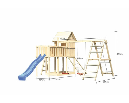 Tour de jeu en bois avec toboggan, balançoires et structure d''escalade, ainsi que des indications de dimensions.