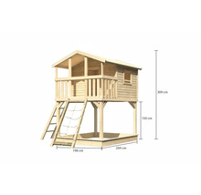 Cabane en bois avec bac à sable et échelle. Dimensions : 309 cm de haut, 244 cm de large, 198 cm de profondeur.