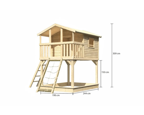 Cabane en bois avec bac à sable et échelle. Dimensions : 309 cm de haut, 244 cm de large, 198 cm de profondeur.