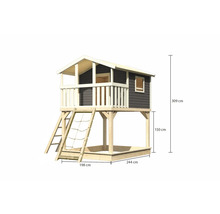 Maison de jeu en bois avec bac à sable et dimensions de 309 cm de hauteur, 198 cm de largeur et 244 cm de profondeur