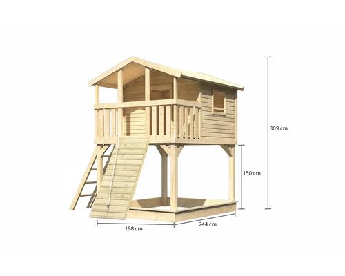 Maisonnette en bois avec bac à sable et échelle, dimensions 309 x 244 x 198 cm