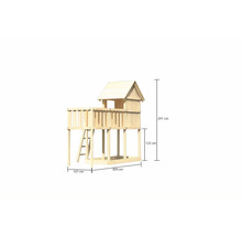Tour de jeu en bois avec des dimensions de 291 cm de hauteur, 309 cm de largeur et 107 cm de profondeur