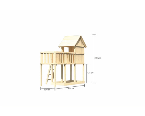 Tour de jeu en bois avec des dimensions de 291 cm de hauteur, 309 cm de largeur et 107 cm de profondeur
