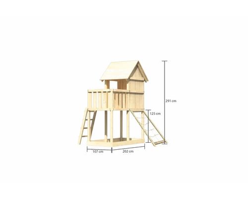 Tour de jeu en bois avec échelle et filet d''escalade, hauteur 291 cm