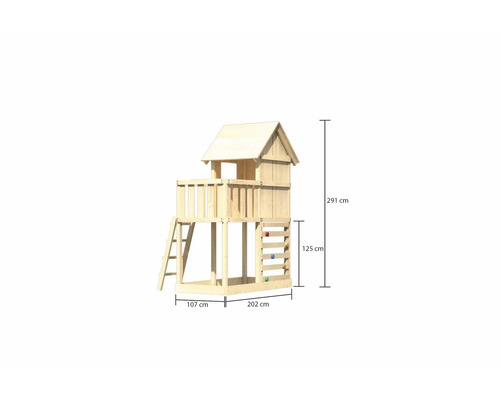 Maisonnette en bois avec échelle, mur d''escalade et indications de taille