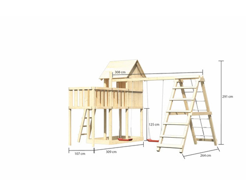 Tour de jeux avec balançoire et échelle d''escalade en bois avec dimensions