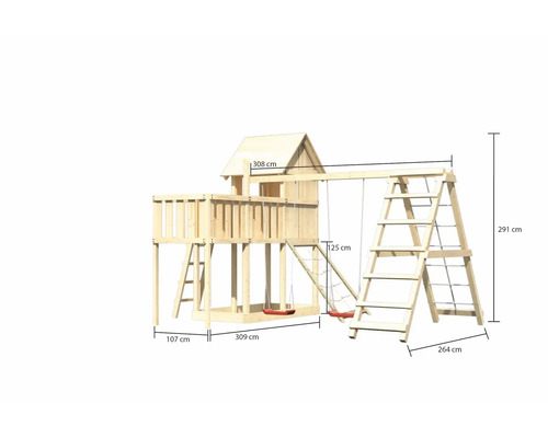 Tour de jeu en bois avec balançoire et échelle avec indications de taille