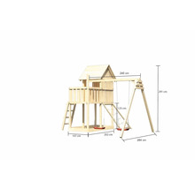 Aire de jeux avec balançoire et indications de dimensions.