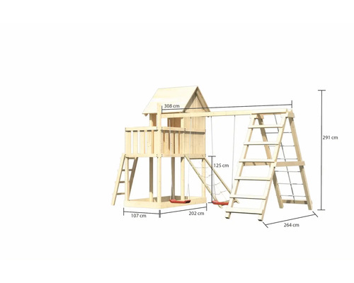 Tour de jeu en bois avec balançoire et échelle, les dimensions sont visibles