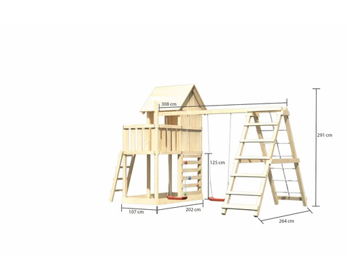 Maison de jeux en bois avec balançoire et échelle avec dimensions