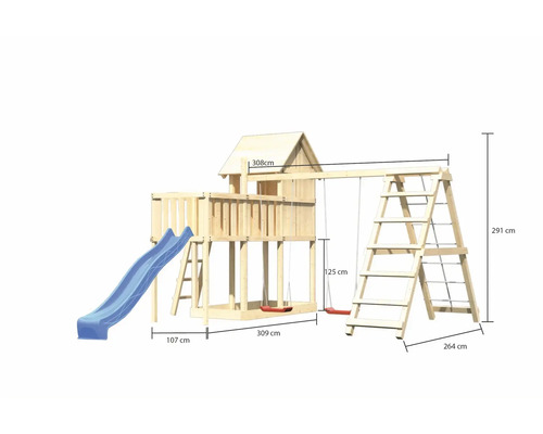 Aire de jeux en bois avec toboggan, échelle et balançoire avec dimensions