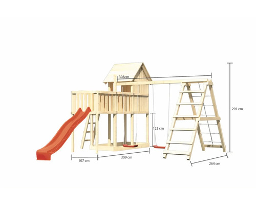 Tour de jeu en bois avec toboggan, balançoire et échelle d''escalade, dimensions incluses