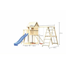 Tour de jeu en bois avec toboggan, balançoire et échelle aux dimensions 308 cm sur 107 cm sur 202 cm sur 264 cm sur 291 cm sur 125 cm