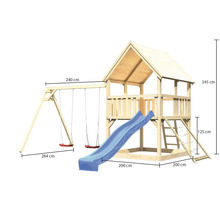 Spielturm aus Holz mit Schaukel, Rutsche und Abmessungen