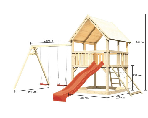 Tour de jeu avec balançoire, toboggan et mur d''escalade en bois avec dimensions