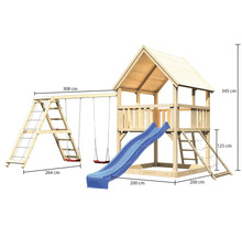 Spielplatz mit Schaukel, Rutsche und Spielhaus aus Holz mit Maßangaben
