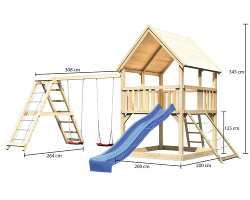 Aire de jeux avec balançoire, toboggan et cabane en bois avec dimensions