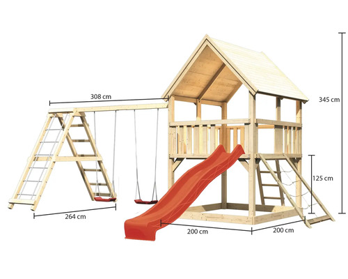 Tour de jeu en bois avec balançoire, toboggan et échelle avec les dimensions