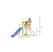 Tour de jeux en bois avec toboggan, échelle et dimensions de 107 cm, 202 cm, 125 cm et 291 cm