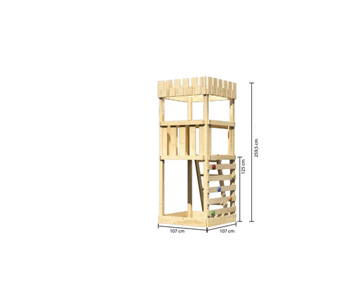 Spielturm aus Holz mit Kletterwand und den Maßen 107 cm x 107 cm x 259,5 cm
