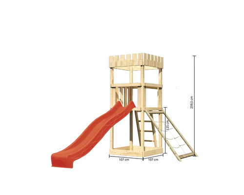 Tour de jeux avec toboggan, échelle et filet d''escalade, dimensions 107 sur 107 sur 259,5 centimètres