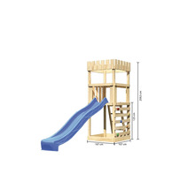 Spielturm aus Holz mit Rutsche und Kletterwand mit Maßangaben