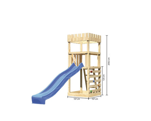 Tour de jeux en bois avec toboggan et mur d''escalade avec dimensions