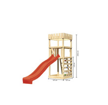 Spielturm aus Holz mit Rutsche und Kletterwand mit Maßangaben