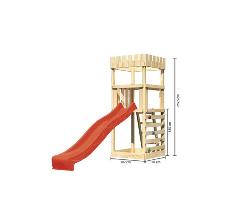 Tour de jeu en bois avec toboggan et mur d''escalade avec dimensions